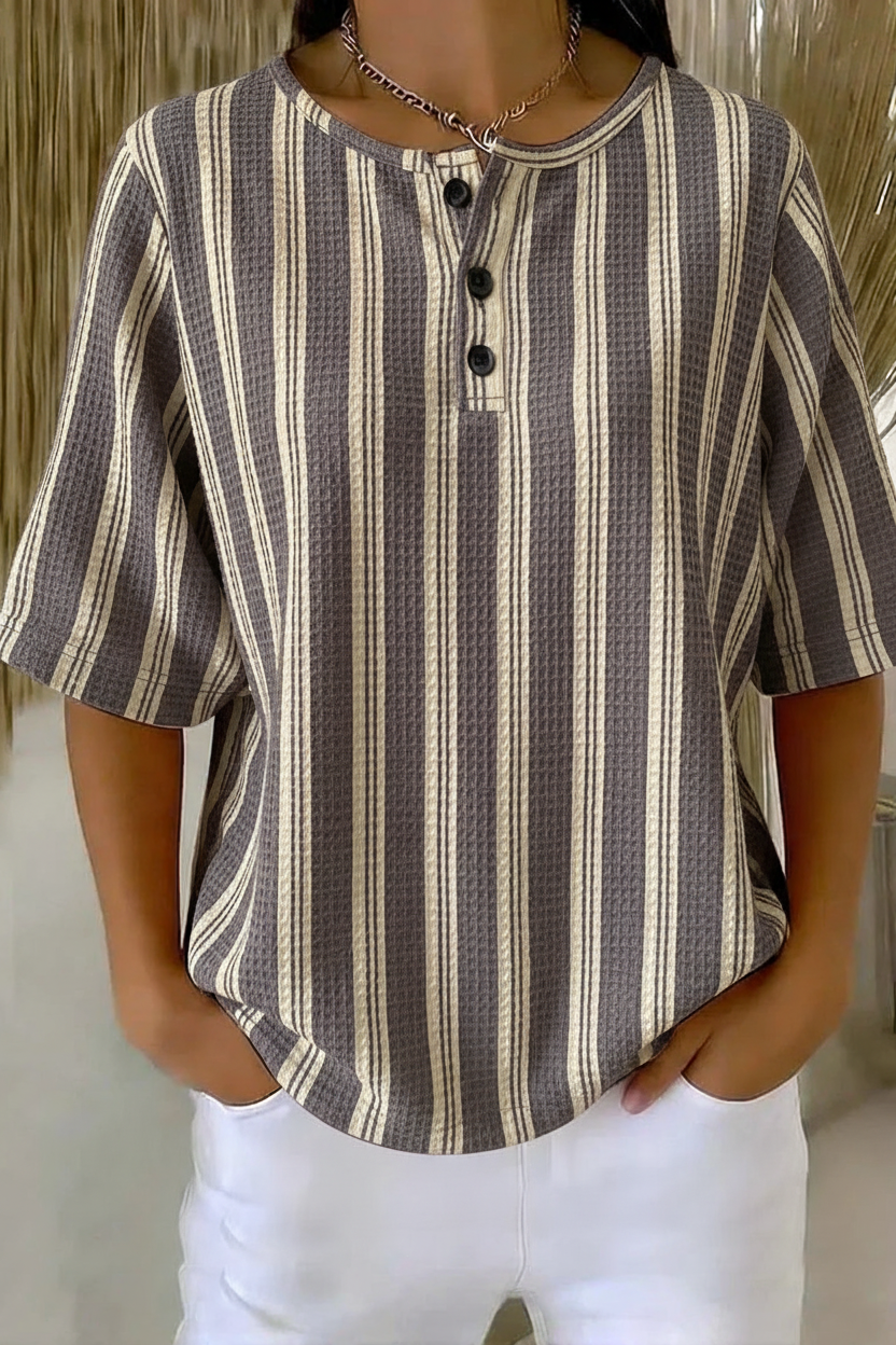 Womens Gray Vertical Stripe Button Detail Waffle Knit Short Sleeve Top RSHW1703
