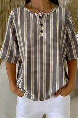 Womens Gray Vertical Stripe Button Detail Waffle Knit Short Sleeve Top RSHW1703