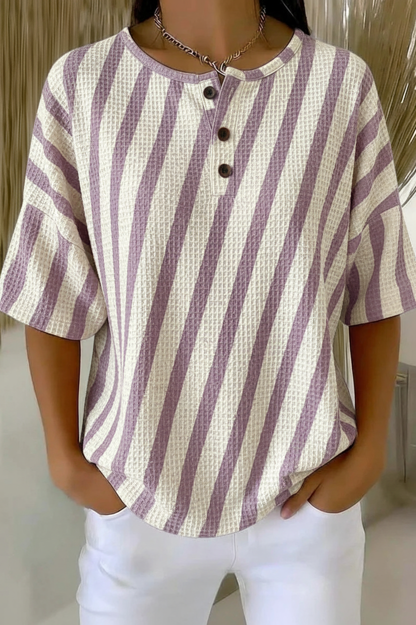 Womens Purple Stripe Button Detail Waffle Knit Short Sleeve Top RSHW1704
