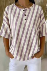 Womens Purple Stripe Button Detail Waffle Knit Short Sleeve Top RSHW1704