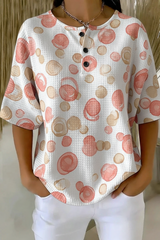 Womens Pink Polka Dot Button Detail Waffle Knit Short Sleeve Top RSHW1705