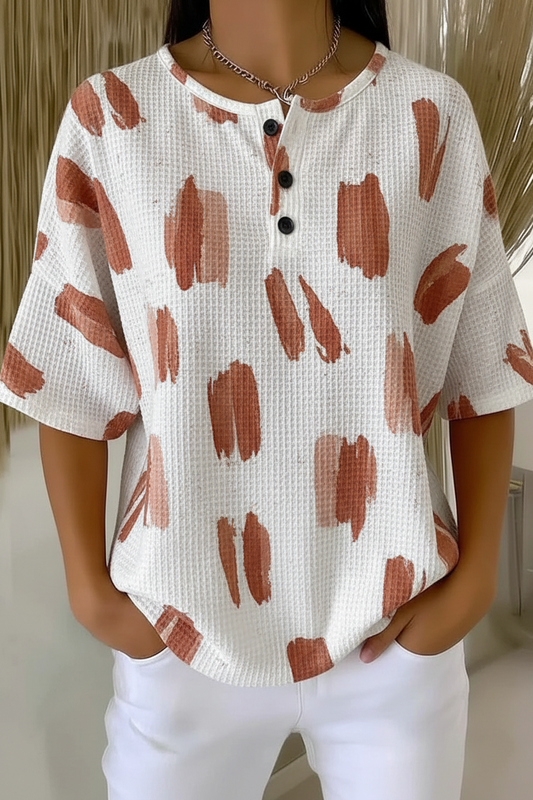 Womens Rust Abstract Brush Print Button Detail Waffle Knit Short Sleeve Top RSHW1706