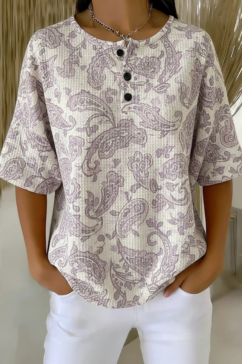 Womens Lavender Paisley Print Button Detail Waffle Knit Short Sleeve Top RSHW1707
