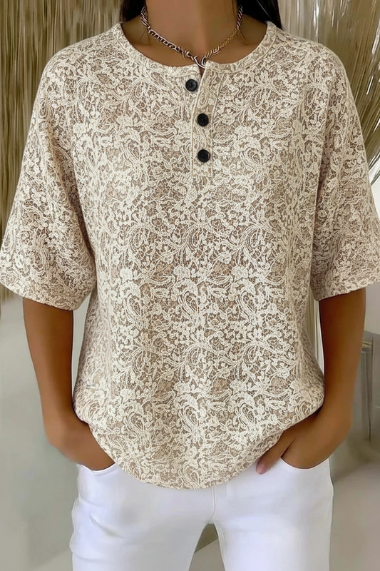 Womens Khaki Floral Paisley Print Button Detail Waffle Knit Short Sleeve Top RSHW1708