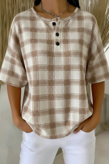Womens Khaki Plaid Button Detail Waffle Knit Short Sleeve Top RSHW1709
