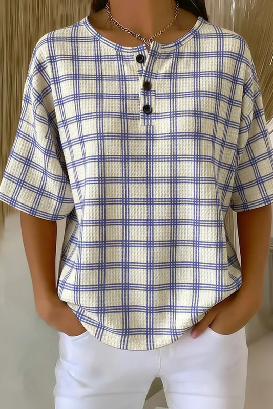 Womens Blue Plaid Button Detail Waffle Knit Short Sleeve Top RSHW1710