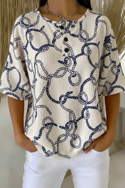 Womens Blue Rope Chain Print Button Detail Waffle Knit Short Sleeve Top RSHW1711