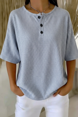 Womens Gray Gingham Button Detail Waffle Knit Short Sleeve Top RSHW1712