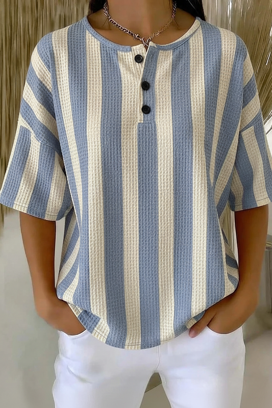 Womens Blue Stripe Button Detail Waffle Knit Short Sleeve Top RSHW1713