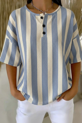 Womens Blue Stripe Button Detail Waffle Knit Short Sleeve Top RSHW1713