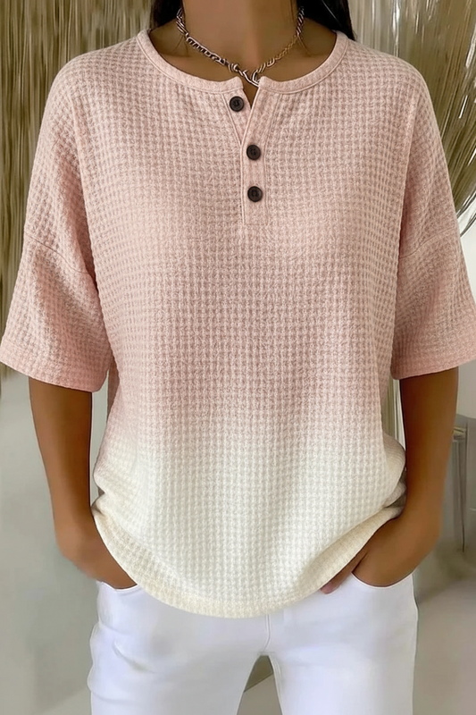 Womens Pink Ombre Button Detail Waffle Knit Short Sleeve Top RSHW1714