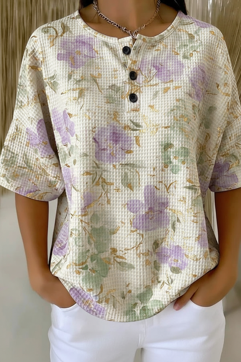 Womens Lavender Floral Print Button Detail Waffle Knit Short Sleeve Top RSHW1715