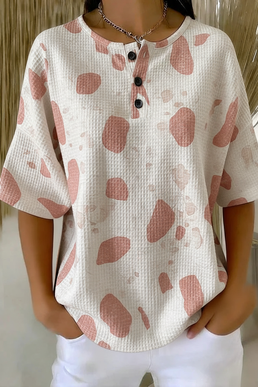 Womens Pink Abstract Spot Print Button Detail Waffle Knit Short Sleeve Top RSHW1717