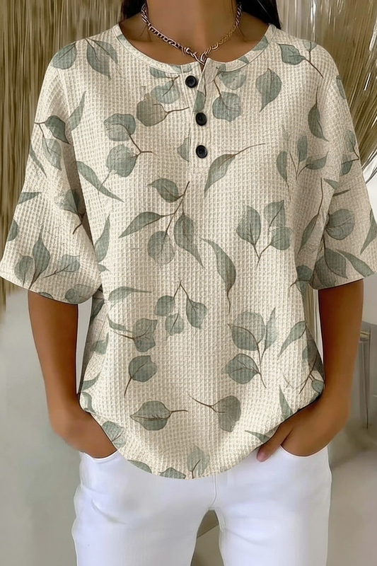 Womens Sage Leaf Print Button Detail Waffle Knit Short Sleeve Top RSHW1718