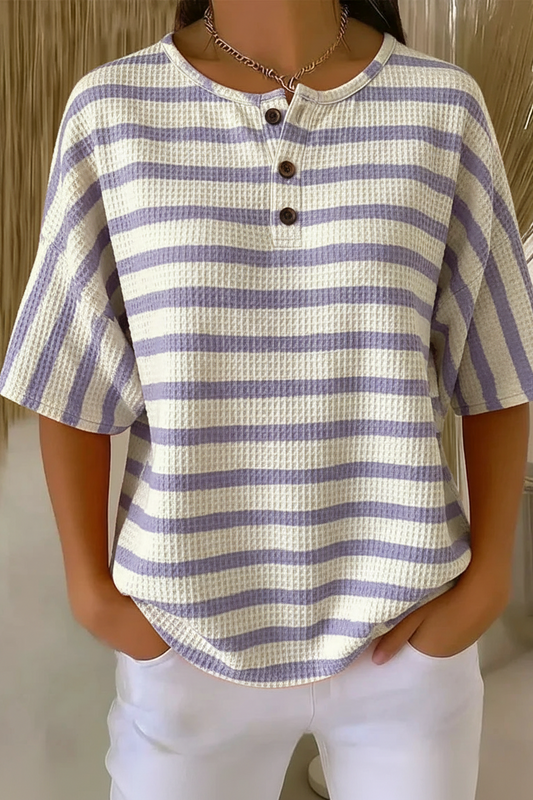 Womens Lavender Stripe Button Detail Waffle Knit Short Sleeve Top RSHW1719