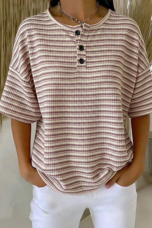 Womens Mauve Stripe Button Detail Waffle Knit Short Sleeve Top RSHW1721