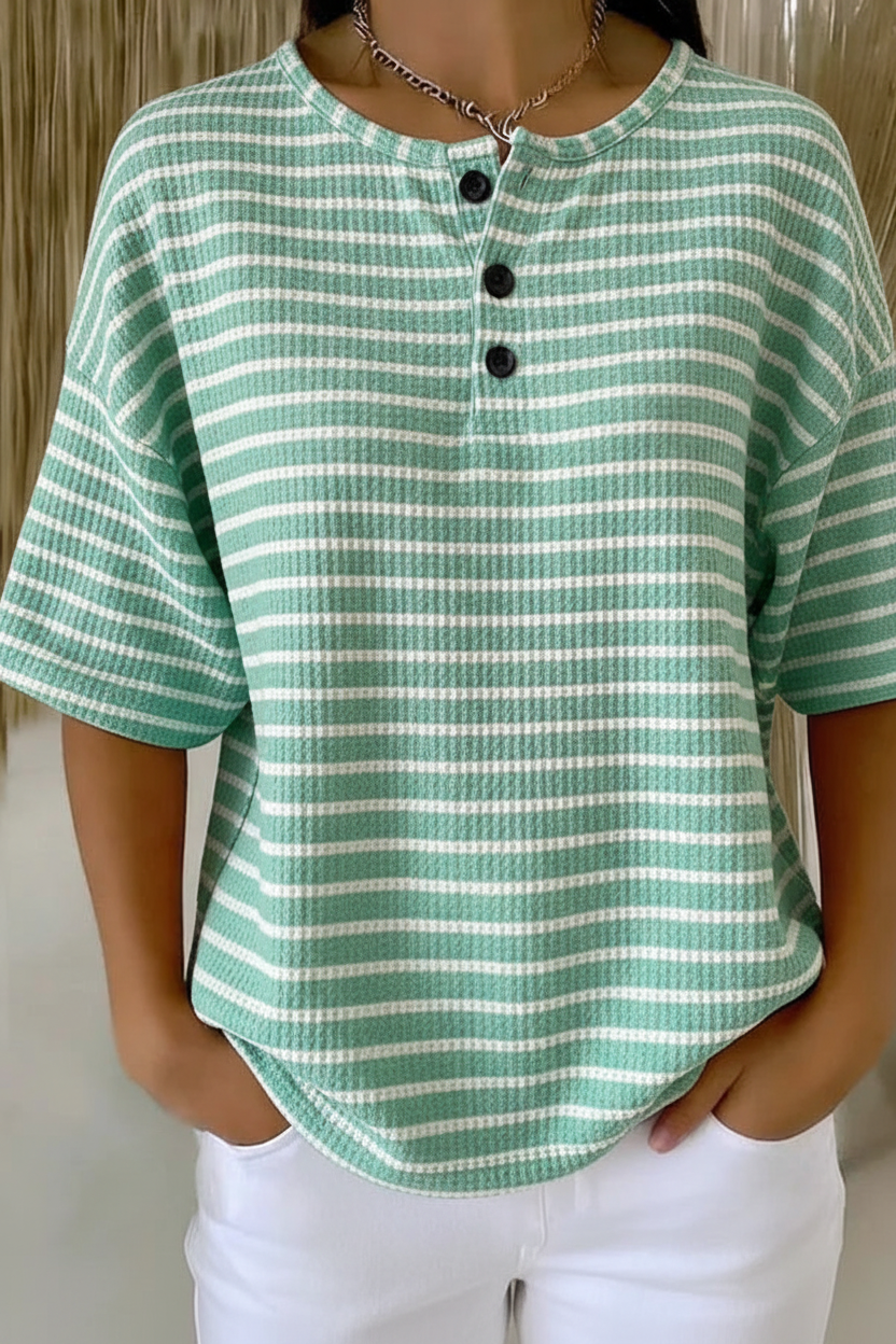 Womens Mint Stripe Button Detail Waffle Knit Short Sleeve Top RSHW1722