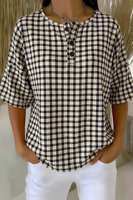 Womens Black Gingham Button Detail Waffle Knit Short Sleeve Top RSHW1723