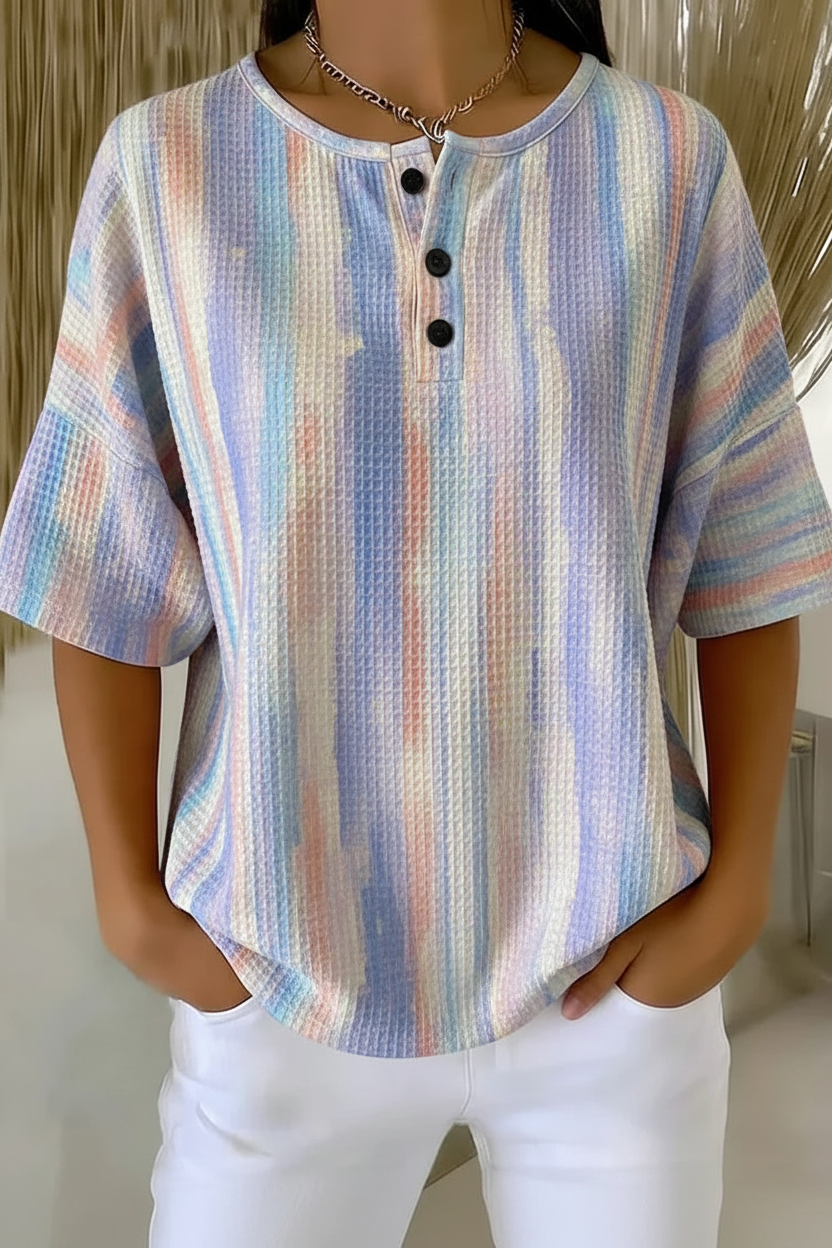 Women's Pastel Tie Dye Stripe Art Pattern Print Casual Waffle Cotton Shirt RSHW3301