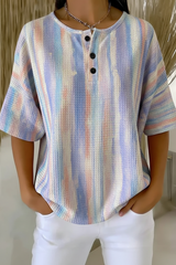 Women's Pastel Tie Dye Stripe Art Pattern Print Casual Waffle Cotton Shirt RSHW3301