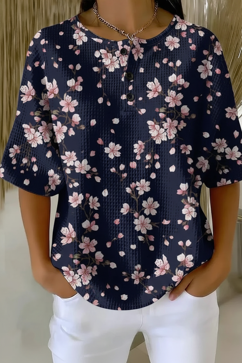 Women's Navy Cherry Blossom Floral Art Pattern Print Casual Waffle Cotton Shirt RSHW3302