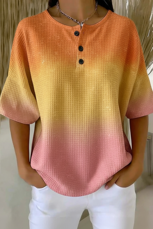 Women's Sunset Gradient Colorblock Art Pattern Print Casual Waffle Cotton Shirt RSHW3304