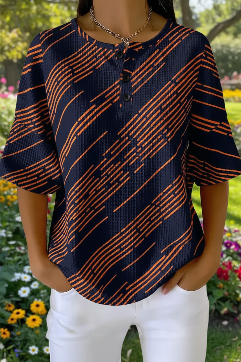 Women's Black Orange Abstract Line Art Pattern Print Casual Waffle Cotton Shirt RSHW3305