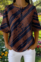 Women's Black Orange Abstract Line Art Pattern Print Casual Waffle Cotton Shirt RSHW3305