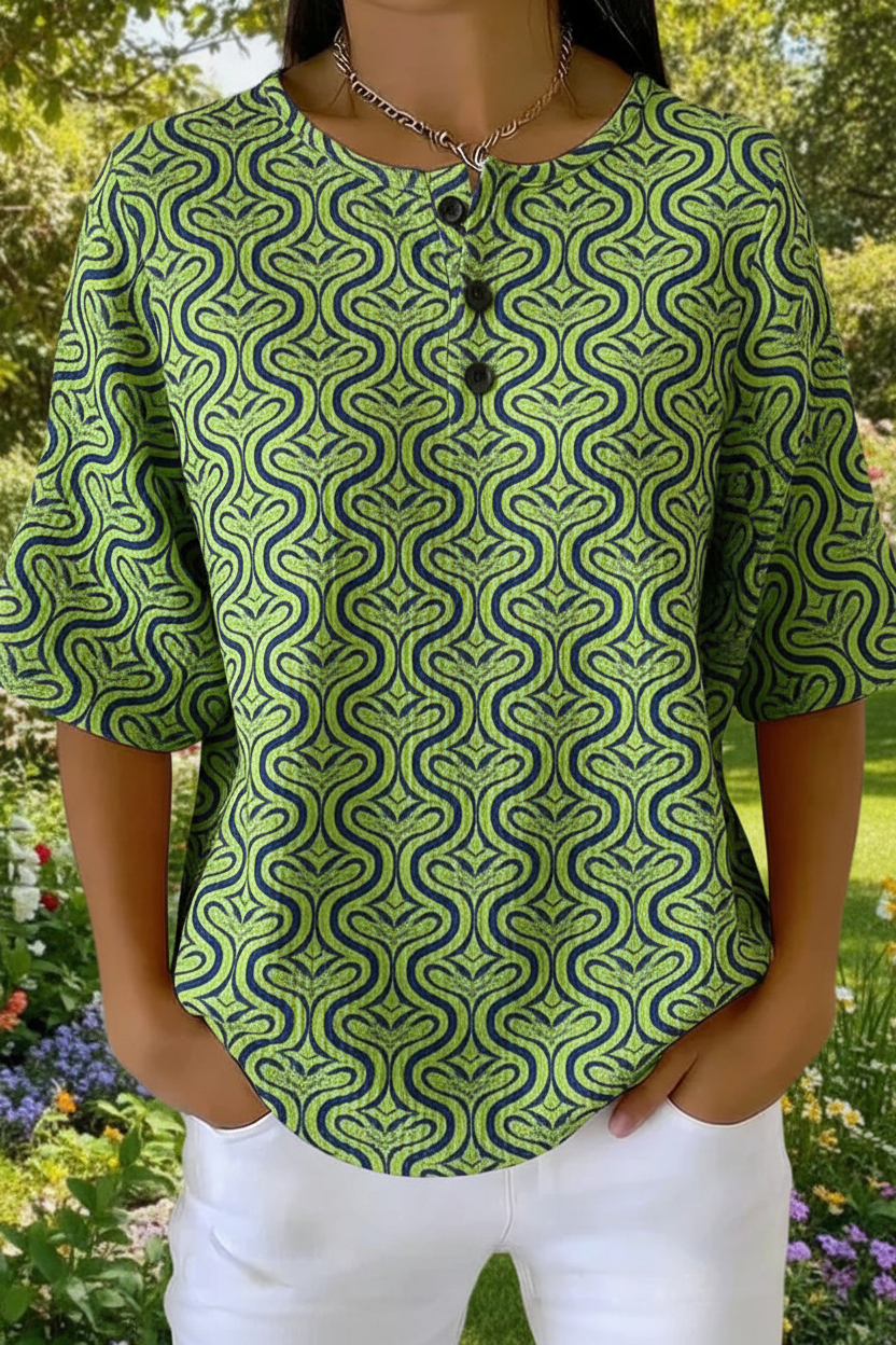 Women's Retro Green Geometric Wave Art Pattern Print Casual Waffle Cotton Shirt RSHW3306