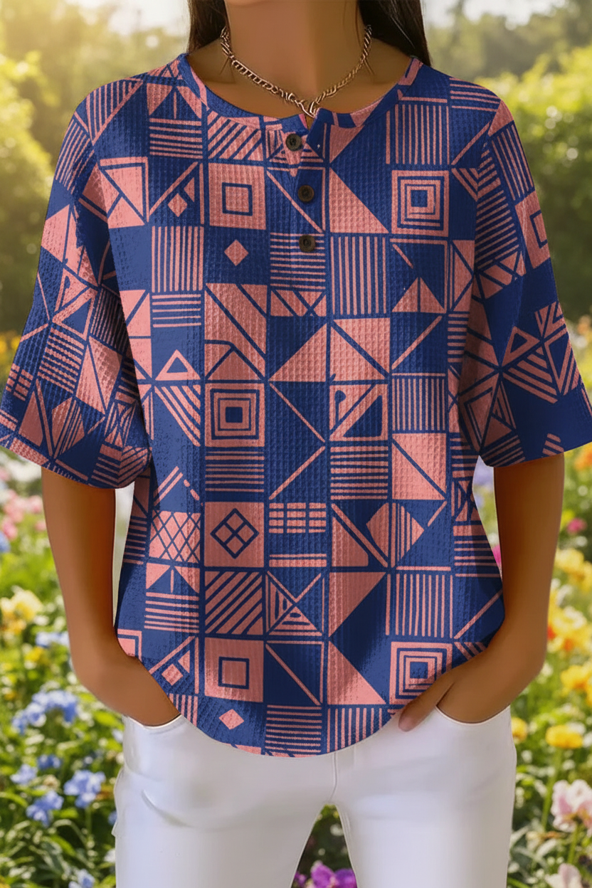 Women's Geometric Art Pattern Print Casual Waffle Cotton Shirt RSHW3307