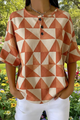 Women's Retro Brown Triangle Art Pattern Print Casual Waffle Cotton Shirt RSHW3308