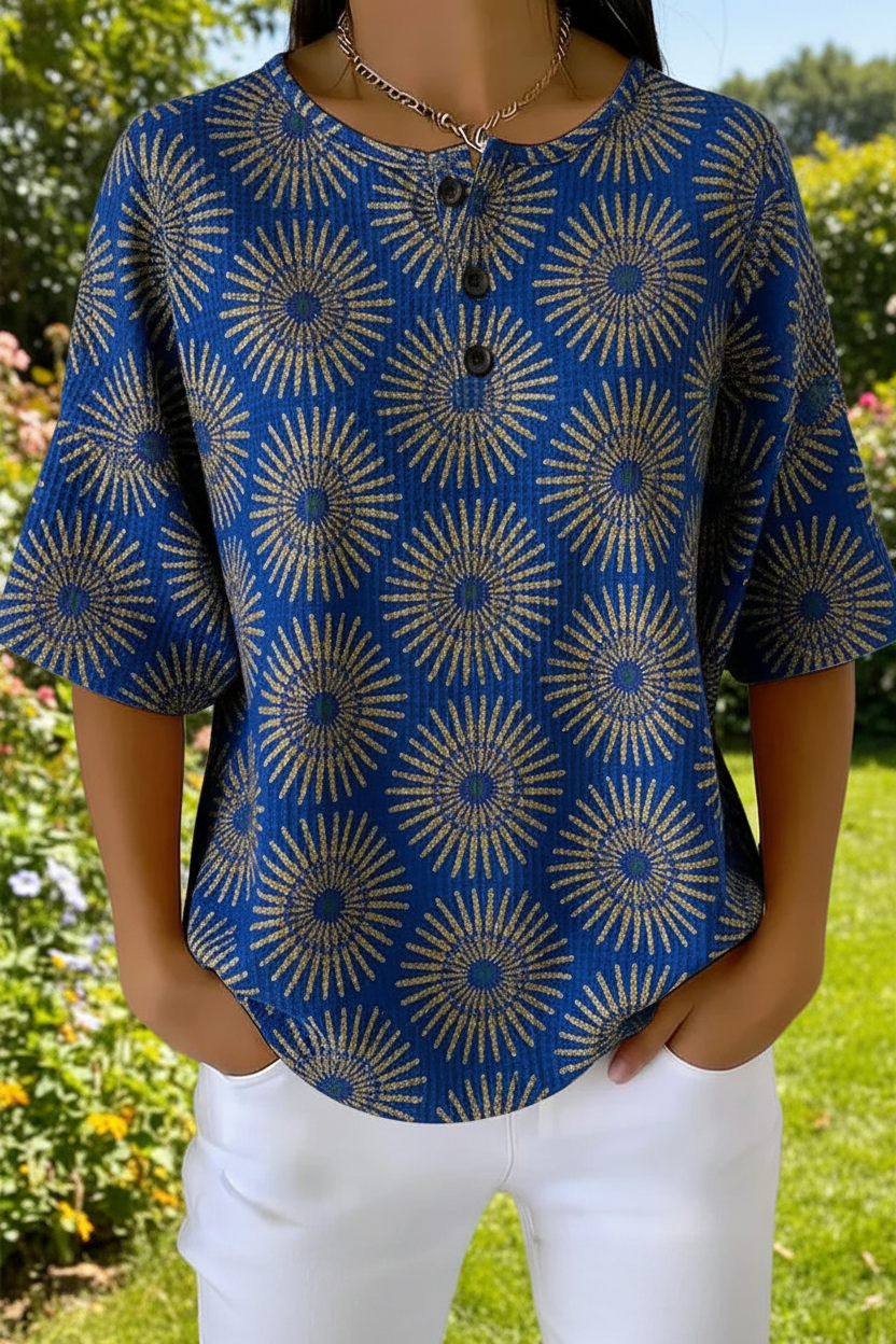 Women's Vintage Sunburst Floral Art Pattern Print Casual Waffle Cotton Shirt RSHW3309