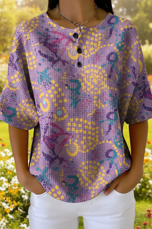 Womens Abstract Dot Art Pattern Print Casual Waffle Cotton Shirt RSHW3313