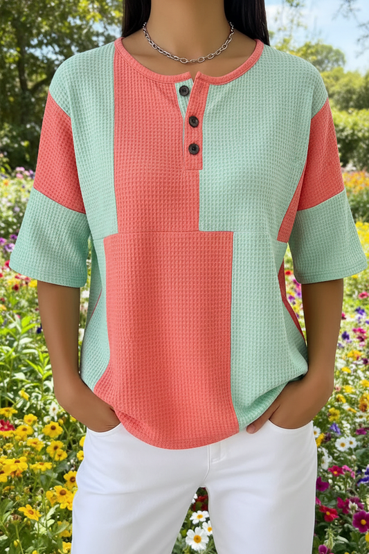Womens Colorblock Art Pattern Print Casual Waffle Cotton Shirt RSHW3315