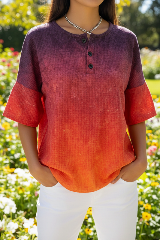 Womens Gradient Art Pattern Print Casual Waffle Cotton Shirt RSHW3318