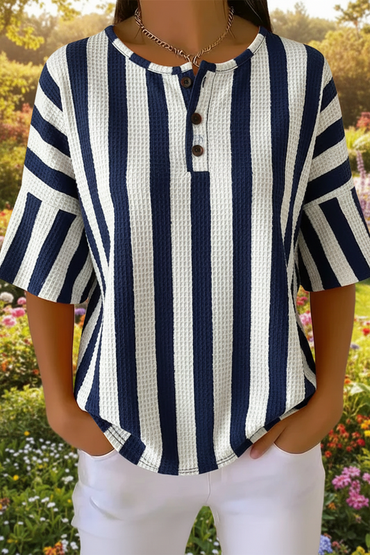 Womens Vertical Stripe Art Pattern Print Casual Waffle Cotton Shirt RSHW3319