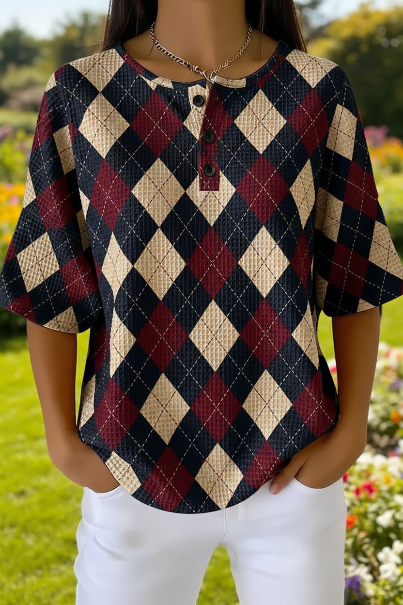 Womens Argyle Art Pattern Print Casual Waffle Cotton Shirt RSHW3320
