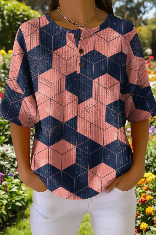 Womens Geometric Cube Art Pattern Print Casual Waffle Cotton Shirt RSHW3321