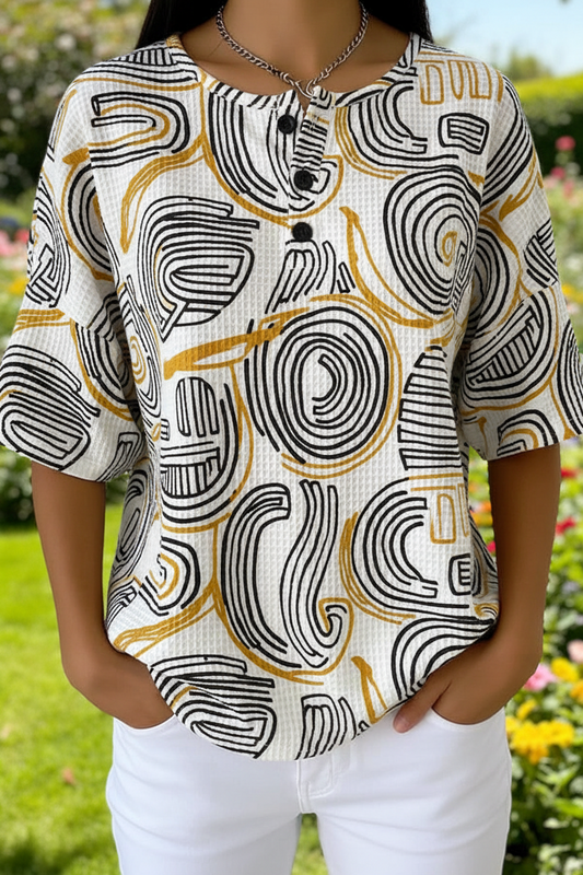 Womens Abstract Line Art Pattern Print Casual Waffle Cotton Shirt RSHW3322