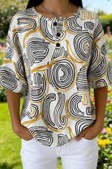 Womens Abstract Line Art Pattern Print Casual Waffle Cotton Shirt RSHW3322