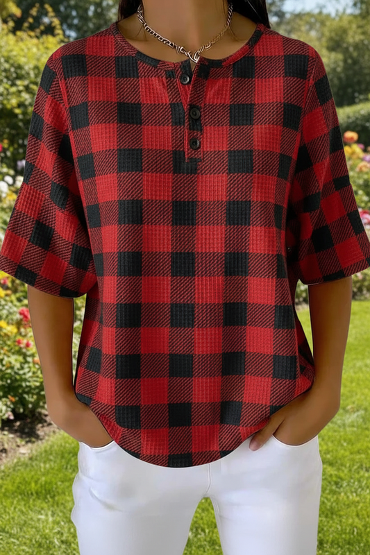 Womens Plaid Art Pattern Print Casual Waffle Cotton Shirt RSHW3323