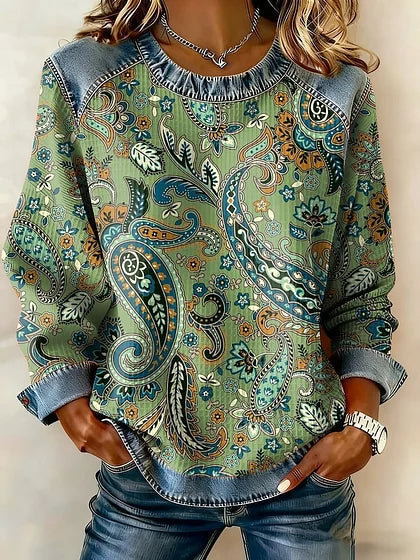 Women's Casual Retro Paisley Waffle Denim Sweatshirt RSPS2807