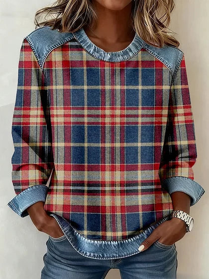 Women's Vintage Plaid Pattern Patchwork Art Sweatshirt