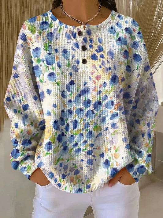 Women's Flowers Pattern Art Print Casual Waffle Sweatshirt