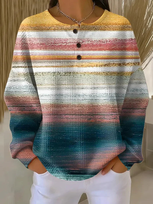 Women's Gradient Pattern Art Print Casual Waffle Sweatshirt RSWF613