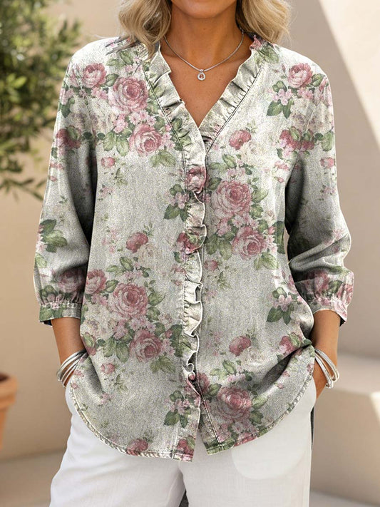 Women's Vintage Flowers Print Casual Ruffled Denim Shirt RYDS801