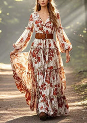 Red Floral Cotton Cinched Dress Exra Large Hem Lantern Sleeve