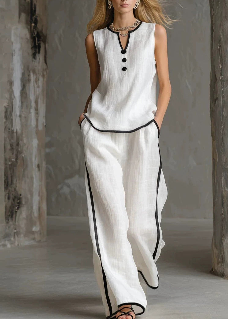 Style White Oversized Striped Linen 2 Piece Outfit Sleeveless