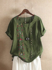 Floral Embroidery Round Neck Short Sleeves T-shirt