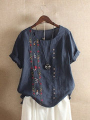 Floral Embroidery Round Neck Short Sleeves T-shirt